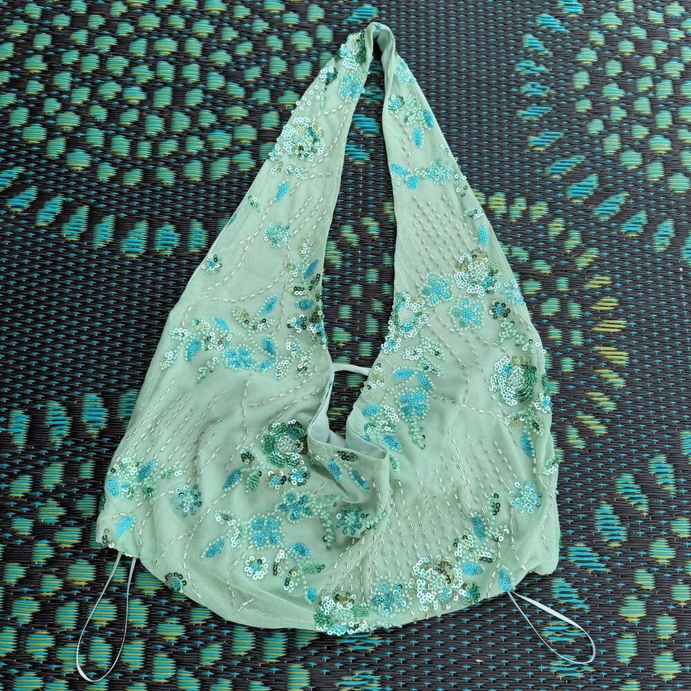 STUDIO 12 Women's Green Sequin & Bead Embroidered Halter Backless Mesh Crop Top